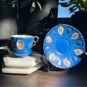 Vintage Demitasse Cup & Saucer Set Footed Portrait Gold Gilt Occupied Japan